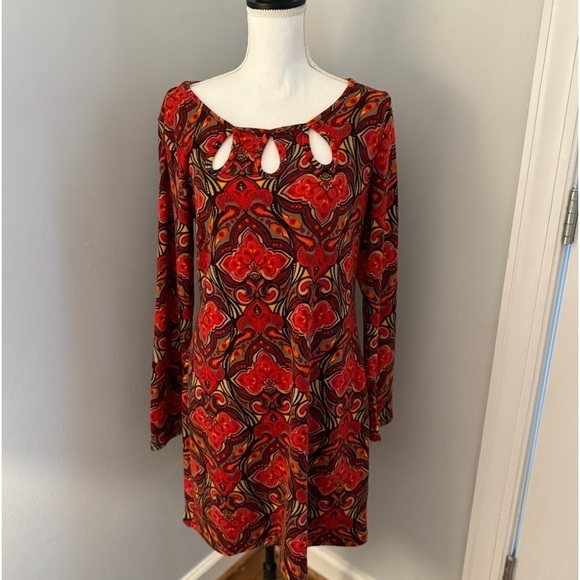Aryeh Floral Print A line Sweater Dress. Orange/red colors Size L - Picture 1 of 8